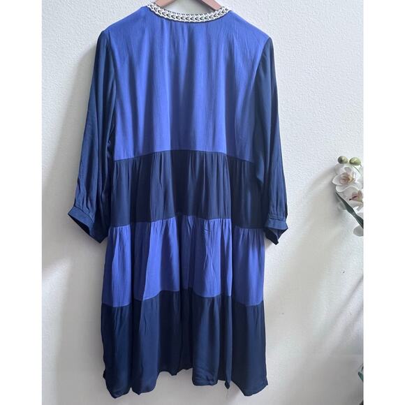 NEW Womens Floral V-Neck Embroidery Bohemian Flowy Love Blue Dress Long Sleeve L - Picture 2 of 10